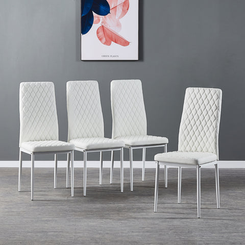 Minimalist PU Leather Sprayed Diamond Grid Pattern Dining Chair, White, Set of 6