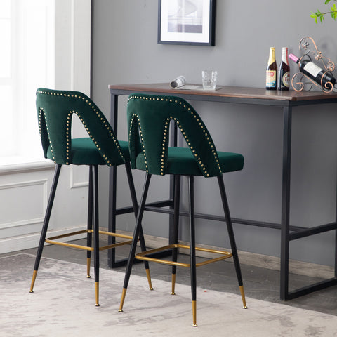 Velvet Upholstered 28" Bar Stool with Hollow Small Backrest, Green, Set of 2