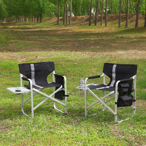 Padded Folding Outdoor Chair with Side Table and Storage Pockets, Black & Gray, Set of 2