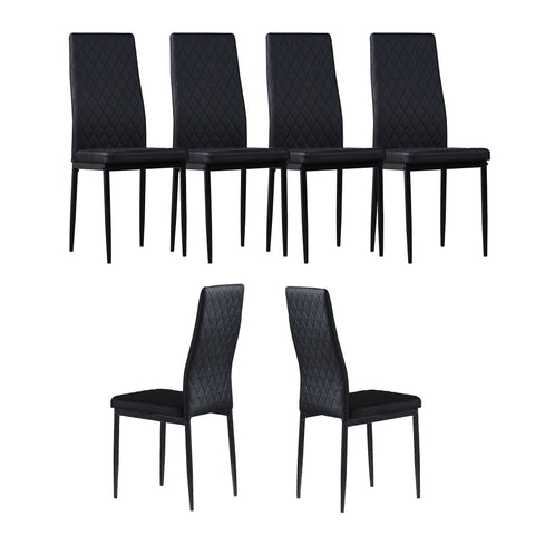 Minimalist PU Leather Sprayed Diamond Grid Pattern Dining Chair, Black, Set of 6