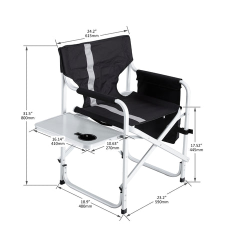 Padded Folding Outdoor Chair with Side Table and Storage Pockets, Black & Grey