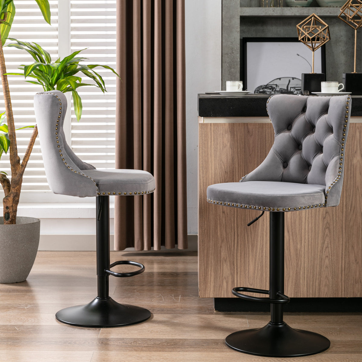 Swivel Velvet Barstools Adjustable Seat Height from 25-33'', Gray, Set of 2