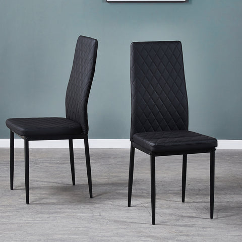 Minimalist PU Leather Sprayed Diamond Grid Pattern Dining Chair, Black, Set of 4