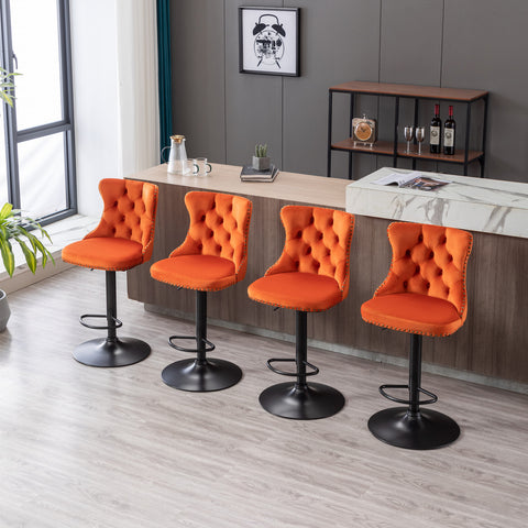 Swivel Velvet Barstools Adjustable Seat Height from 25-33'', Orange, Set of 2