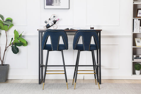 Velvet Upholstered 28" Bar Stool with Hollow Small Backrest, Blue, Set of 2